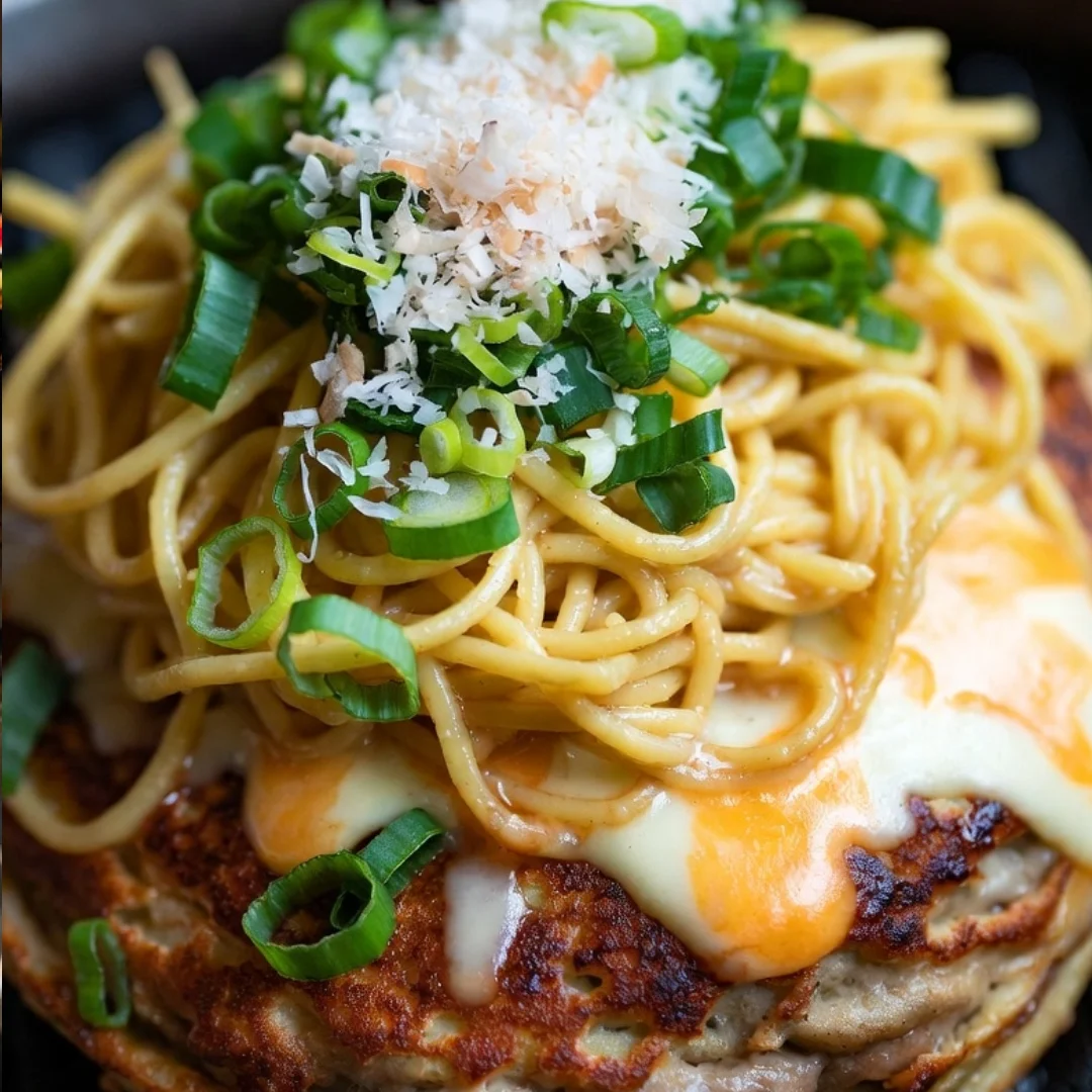Hiroshima-style okonomiyaki with noodles