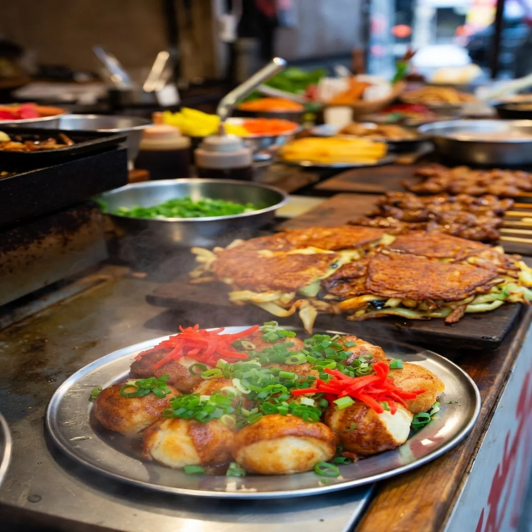 Osaka street food - takoyaki and okonomiyaki
